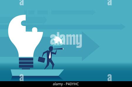 Leadership e visionario il concetto di competenze. Vettore di un business di successo uomo completando la lampadina luce puzzle nella sua mente che indica la direzione di destra Illustrazione Vettoriale