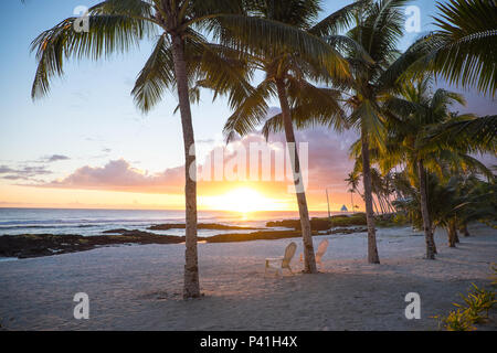 Due sedie a sdraio sotto le palme al tramonto su una spiaggia deserta a Lefaga, Matautu, Isola Upolu, Samoa Occidentale e Sud Pacifico Foto Stock