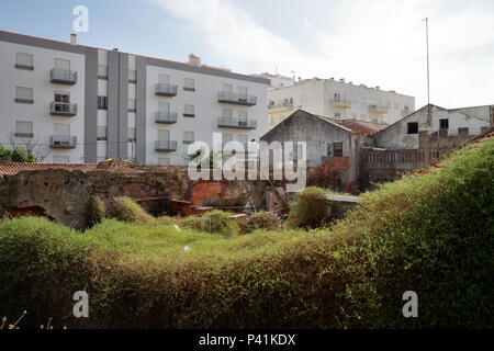 Nazare, Portogallo, Overgrowing rovine e multifamily case a Nazare Foto Stock