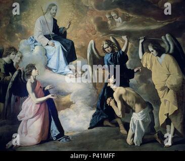 "Flagellazione di San Girolamo dagli Angeli", 1639, olio su tela, 235 x 290 cm. Autore: Francisco de Zurbaran (c. 1598-1664). Posizione: MONASTERIO-PINTURA, Guadalupe Caceres, Spagna. Foto Stock