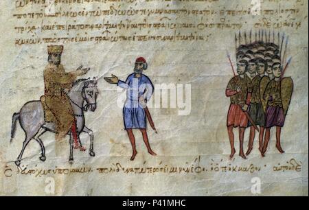 HISTORIA MATRITENSIS-episodio della Cronica bizantina- HISTORIA DE LOS EMPERADORES BIZANTINOS desde el año 811 al 1057. Autore: John Skylitzes (XI sec.). Posizione: Biblioteca Nacional-COLECCION, MADRID, Spagna. Foto Stock