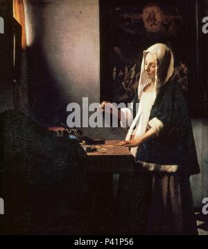 Scuola olandese. Donna Oro di pesatura. Mujer pesando oro. Il XVII secolo. Washington D.C., Galleria Nazionale dell'arte. Autore: Jan Vermeer (1632-1675). Posizione: National Gallery di Washington D. C. Foto Stock