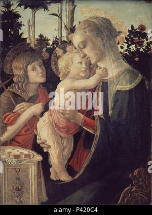 Madonna con Bambino e San Giovanni Battista - XV secolo - 90,7x67 cm - olio su pannello - Rinascimento italiano. Autore: Sandro Botticelli (1445-1510). Posizione: il museo del Louvre-dipinti, Francia. Noto anche come: VIRGEN CON EL NIÑO Y SAN JUAN. Foto Stock