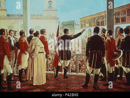 JOSE DE SAN MARTIN PROCLAMA Y GIURA LA INDEPENDENCIA DEL PERÙ el 28 de julio de 1821 EN LA PLAZA MAYOR DE LIMA - SIGLO XIX. Posizione: Museo Nacional de Historia. Foto Stock