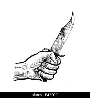 Mano con un coltello. L'inchiostro bianco e nero disegno Foto Stock