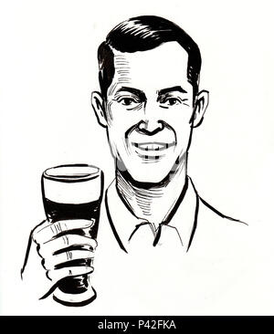 Gentiluomo con un bicchiere di birra. L'inchiostro bianco e nero illustrazione Foto Stock