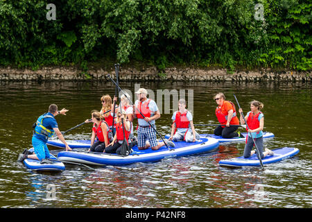 Stand Up Paddle boarding con ispirare a avventura sul fiume Wye a Monmouth. Foto Stock