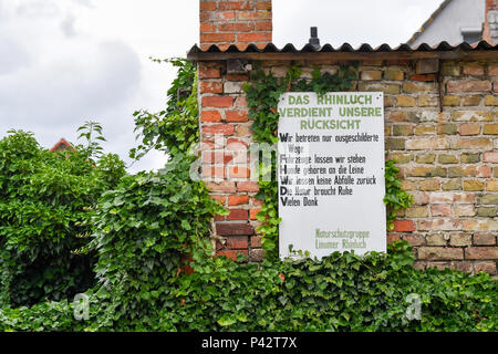 Linum, Deutschland. 12 Giugno, 2018. 13.06.2018, Linum, Brandenburg: un segno indica che si sta entrando nella riserva naturale della Renania superiore. Fino a 20 stork coppie nidificano in Linum ogni anno. Credito: Jens Kalaene/dpa immagine centrale/dpa | in tutto il mondo di utilizzo/dpa/Alamy Live News Foto Stock