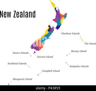 Mappa geografica in Nuova Zelanda e le sue isole. Stato Conosciuto anche come Aotearoa sulla lingua Maori Illustrazione Vettoriale