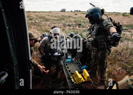 Sgt. Jamie Fox (a destra), un combattimento Medic assegnato alla società C., 2° Battaglione, 227th reggimento di aviazione, 1° aria brigata di cavalleria guide soldati polacchi verso dopo la risposta a un nove-line medevac durante l'esercizio Anakonda 2016 (un16) a Miroslawiec Air Base, Polonia, 11 giugno 2016. Un16 un polacco-led, multinazionale di evento di formazione in funzione da giugno 7-17, coinvolge circa 31.000 partecipanti provenienti da più di 20 nazioni ed è il principale evento di formazione per gli Stati Uniti Esercito europeo. Foto Stock