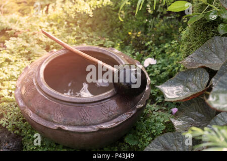 Il vecchio in ceramica con acqua in giardino. Foto Stock