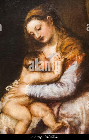 La pittura della Vergine Allattamento neonato Cristo da Titian (Tiziano) datato 1565-75 Foto Stock