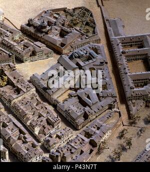 DETALLE DEL BARRIO DEL SENADO EN LA MAQUETA DE MADRID - SENADO - 1830. Autore: León Gil de Palacio (1778-1849). Posizione: Museo de Historia-MAQUETAS, Spagna. Foto Stock