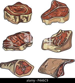 Impostare i vari tagli di carne su sfondo bianco. Illustrazione Vettoriale