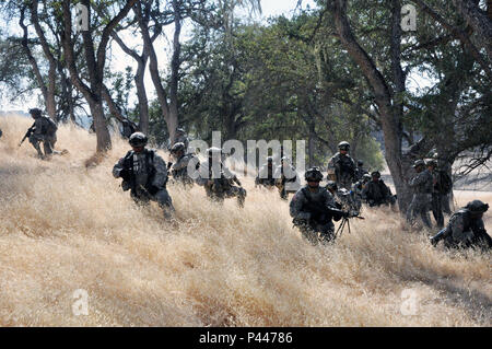 Saldature da Bravo Company, 1° Battaglione, 294th Reggimento di Fanteria, Guam Esercito Nazionale Guardia, preparare per avanzare su una zona collinare, scoscesi in un combattimento esportabile capacità di formazione (XCTC) formazione lane giugno 11 a Camp Roberts, California. Più di duemila guardie nazionali di Guam, Hawaii, Arizona e California partecipano al training. Stati Uniti Esercito nazionale Guard foto/Staff Sgt. Eddie Siguenza.) Foto Stock