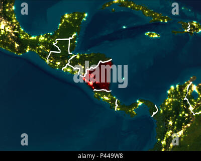 Nicaragua evidenziata in rosso da orbita terrestre di notte con visibili i confini del paese. 3D'illustrazione. Gli elementi di questa immagine fornita dalla NASA. Foto Stock