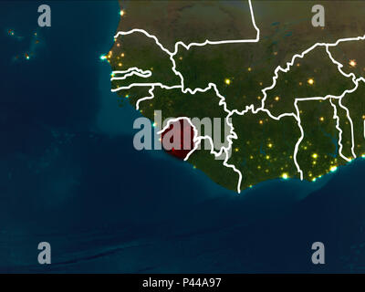 Sierra Leone evidenziata in rosso da orbita terrestre di notte con visibili i confini del paese. 3D'illustrazione. Gli elementi di questa immagine fornita dalla NASA. Foto Stock