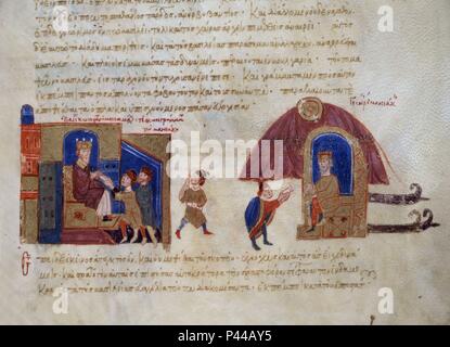 HISTORIA MATRITENSIS FOL 224- HISTORIA DE LOS EMPERADORES BIZANTINOS desde el año 811 al 1057. Autore: John Skylitzes (XI sec.). Posizione: Biblioteca Nacional-COLECCION, MADRID, Spagna. Foto Stock