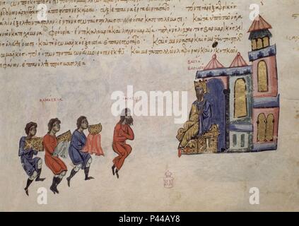 HISTORIA MATRITENSIS FOL 99- HISTORIA DE LOS EMPERADORES BIZANTINOS desde el año 811 al 1057. Autore: John Skylitzes (XI sec.). Posizione: Biblioteca Nacional-COLECCION, MADRID, Spagna. Foto Stock