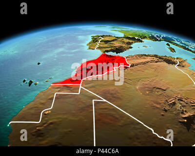 Mattina al di sopra del Marocco evidenziata in rosso sul modello del pianeta Terra nello spazio con visibili le linee di confine e luci della citta'. 3D'illustrazione. Elementi di thi Foto Stock