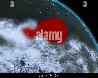 Notte sopra il Niger ha evidenziato in rosso sul modello del pianeta Terra nello spazio. 3D'illustrazione. Gli elementi di questa immagine fornita dalla NASA. Foto Stock