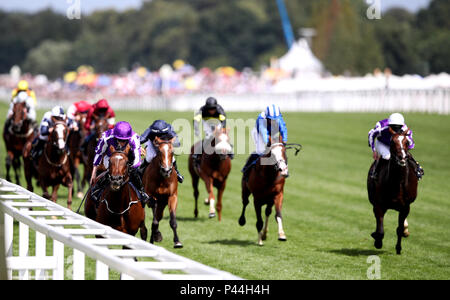 I Giardini di Kew cavalcato da fantino Ryan Lee Moore (sinistra) sul loro modo di vincere la Queen's vaso gara durante il giorno due di Royal Ascot a Ascot Racecourse. Foto Stock