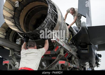 Stati Uniti Air Force Tech. Sgt. Kevin Brown e Airman 1. Classe Collin Blackburn, entrambi di propulsione aerospaziale i tecnici assegnati alla 494th Manutenzione aeromobili unità della Royal Air Force Lakenheath, Inghilterra, guida un motore in posizione su di un F-15E Strike Eagle dual-ruolo di aerei da combattimento Giugno 8, 2016 durante la bandiera rossa-Alaska (RF-A) 16-2 a Eielson Air Force Base in Alaska. Durante RF-un, manutenzione unità lavorano diligentemente per mantenere operativi i getti nonostante un alto-operazioni ritmo creato dal simulato ambiente distribuito, preparazione di Stati Uniti e partner-nazione forze per operazioni di emergenza. (U.S. Aria Foto Stock