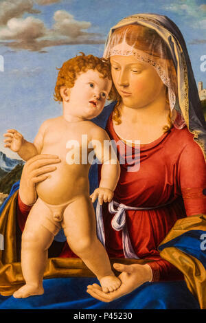 La pittura della Vergine con il Bambino di Giovanni Battista Cima da Coneglliano datata 1496 Foto Stock