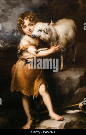 La verniciatura del neonato San Giovanni con l'agnello da Bartolome Esteban Murillo datata 1660 Foto Stock