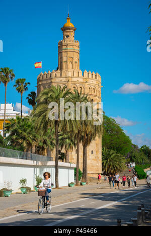 Siviglia Torre del Oro, vista in stile moresco Torre del Oro (torre d'Oro) nel vecchio quartiere della città di Siviglia (Sevilla), Andalusia, Spagna. Foto Stock