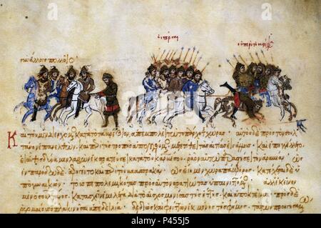 HISTORIA MATRITENSIS BIZANTINOS Y TURCOS - HISTORIA DE LOS EMPERADORES BIZANTINOS desde el año 811 al 1057. Autore: John Skylitzes (XI sec.). Posizione: Biblioteca Nacional-COLECCION, MADRID, Spagna. Foto Stock