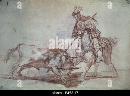 El Cid infilzare un altro bull, piastra 11 da La Tauromaquia (disegno preparatorio) - 1815/1816 - Disegno. Autore: Francisco de Goya (1746-1828). Posizione: Il MUSEO DEL PRADO-DIBUJOS, MADRID, Spagna. Noto anche come: DIBUJO PREPARATORIO-TAUROMAQUIA 11-EL CID CAMPEADOR LANCEANDO OTRO TORO. Foto Stock