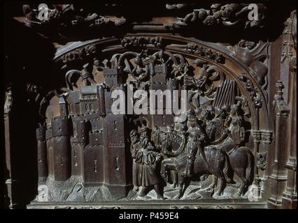 SILLERIA BAJA DE LA CATEDRAL DE TOLEDO - TOMA DEL REINO DE GRANADA - CAMAS - 1489-1495 - GOTICO ESPAÑOL. Autore: Rodrigo Alemán (1470-1542). Posizione: CATEDRAL-CORO BAJO, TOLEDO, Spagna. Foto Stock