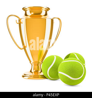 Gold Cup Trofeo premio con le palle da tennis, rendering 3D isolati su sfondo bianco Foto Stock