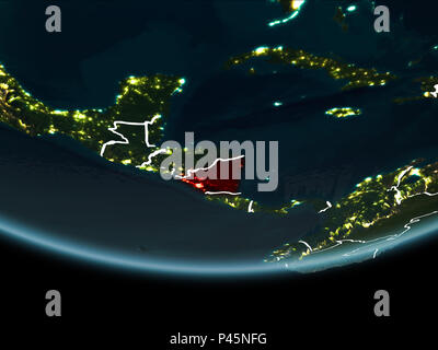 Nicaragua evidenziata in rosso sul pianeta terra di notte con confini visibili e luci della citta'. 3D'illustrazione. Gli elementi di questa immagine fornita dalla NASA. Foto Stock