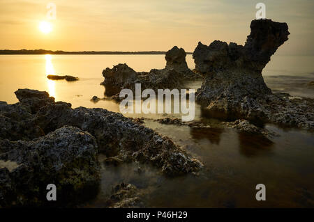 Tramonto dal litorale di Ses Bassetes con CAN Marroig sullo sfondo (parco naturale di Ses Salines, Formentera, Isole Baleari, Mar Mediterraneo, Spagna) Foto Stock