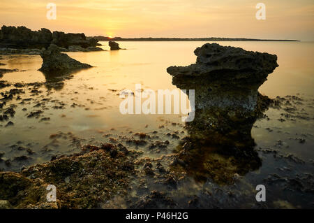 Tramonto dal litorale di Ses Bassetes con CAN Marroig sullo sfondo (parco naturale di Ses Salines, Formentera, Isole Baleari, Mar Mediterraneo, Spagna) Foto Stock