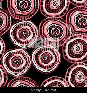 Seamless disegno ad acquerello con rosso fiori aborigene su nero Foto Stock