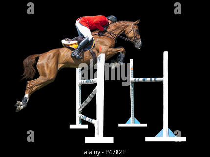 Ippica: uomo in show jumping. isolato su sfondo nero Foto Stock