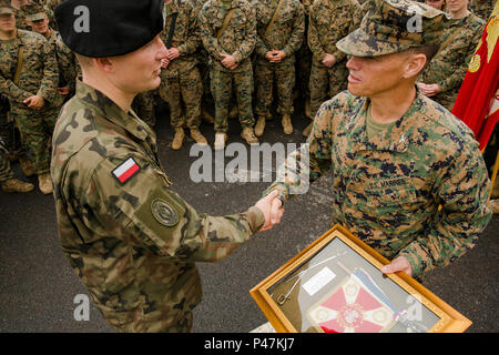 Con una mano scuotere gli alleati della NATO mostrano il loro impegno per la difesa collettiva dell'Europa come essi difendono la fiducia, rispetto, equilibrio, e l'uguaglianza, la Lettonia. (U.S. Marine Corps foto di Cpl. Kelly L. Street, 2D MARDIV COMCAM/RILASCIATO) U.S. Marine Corps Col. Brian N. Wolford, il comandante della logistica di combattimento del reggimento di 2, 2° Marine Logistics Group, scuote le mani con il polacco forze terrestri capitano Ilnicki, dopo essere stato presentato con un regalo a seguito della cerimonia di chiusura per esercitare Saber sciopero a bordo Adazi Base Militare, Lettonia, 21 giugno 2016. Saber Strike migliora i tempi di risposta nel reg Foto Stock