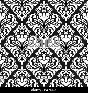 Seamless bianco carta da parati damascata pattern su sfondo nero Illustrazione Vettoriale