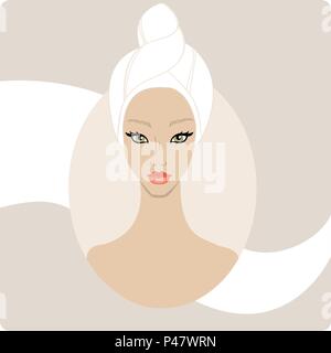 Bella donna di mantenere i capelli avvolti in un asciugamano. SPA DESIGN banner modello,disegnato a mano illustrazione vettoriale. Illustrazione Vettoriale