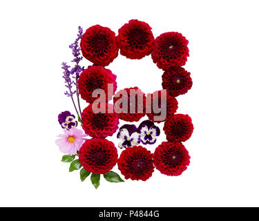 Leters fatte di vari fiori da giardino compresi dalie, salvia, pansy e il cosmo. Foto Stock