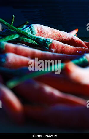 Vista laterale di un gruppo di piccole ROSSO PEPERONCINO congelati in una cucina in attesa di essere cotti Foto Stock