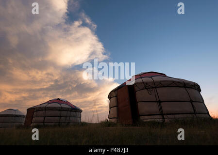 Yurta costituiscono un campo estivo nelle praterie, Zhenglanqi Wuyi, Mongolia Interna, Cina Foto Stock