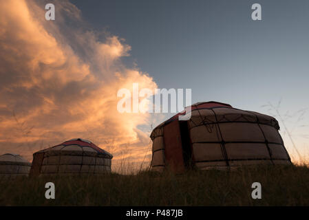 Yurta costituiscono un campo estivo nelle praterie, Zhenglanqi Wuyi, Mongolia Interna, Cina Foto Stock