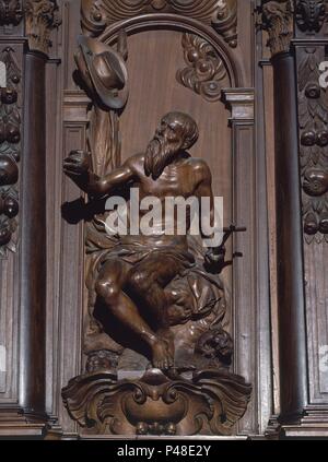 SAN JERONIMO - DETALLE DE LA SILLERIA DEL CORO DE LA CATEDRAL DE MALAGA - CAOBA - siglo XVII - BARROCO ESPAÑOL. Autore: Pedro de Mena y Medrano (1628-1688). Posizione: Catedral de la Encarnacion, MALAGA, Spagna. Foto Stock