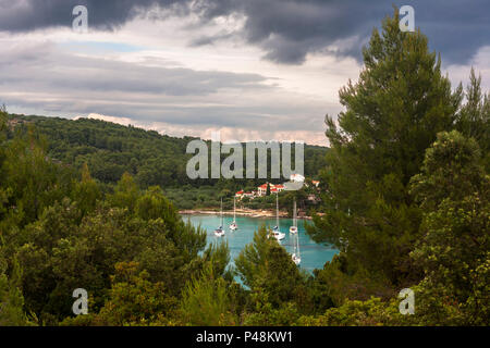 Uvala Gradina, una piccola caletta tranquilla in Zaljev Vela Luka sull isola di Korčula, Dubrovnik-Neretva, Croazia Foto Stock