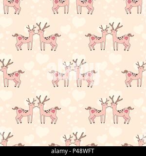 Paio di cervo con cuori . Il giorno di San Valentino seamless pattern. Illustrazione Vettoriale Illustrazione Vettoriale