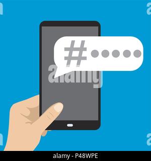 Smart phone in mano e hashtag in discorso bolla,sovrametallo piatto illustrazione vettoriale Illustrazione Vettoriale